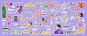 Big set of different trendy stickers planner. Colorful elements and lettering for daily planner or diaries